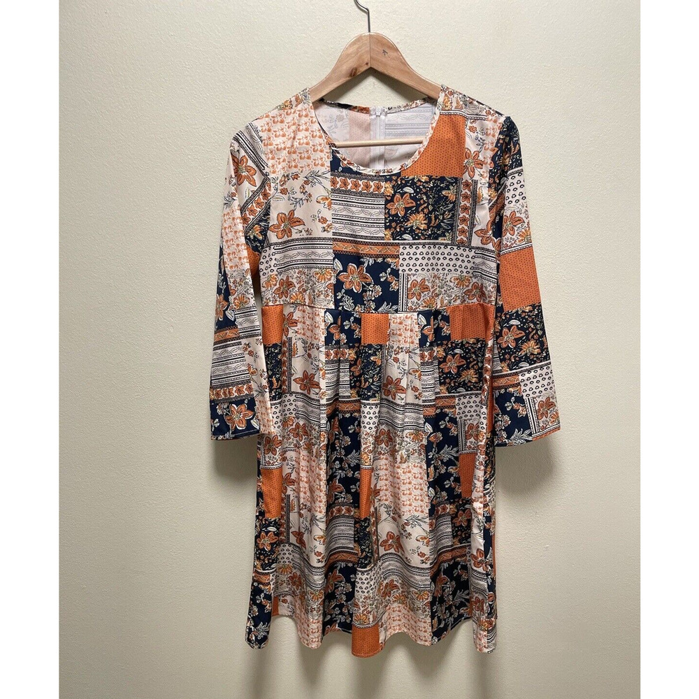 Womens Dress Medium Mixed Media Patchwork Pleated Round Neck Stretch Artsy Boho